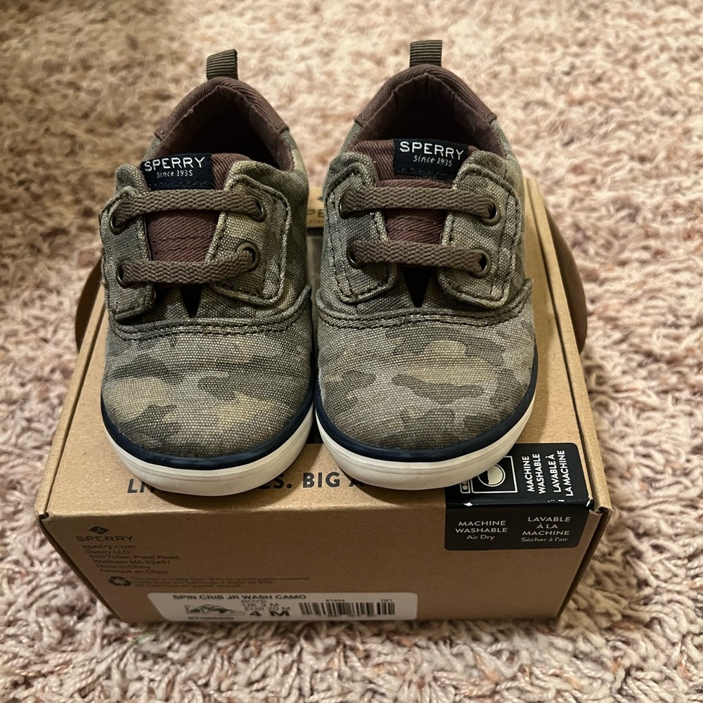 Sperry Toddler Camo Canvas Slip-On Shoes - Olive Green & Brown